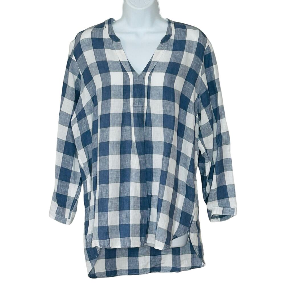LL Bean Linen Top Size LP Blue White Plaid Check Longline Tunic